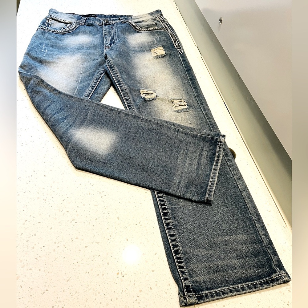Men's GS115 Embroidered Distressed Blue Jeans 34x33
